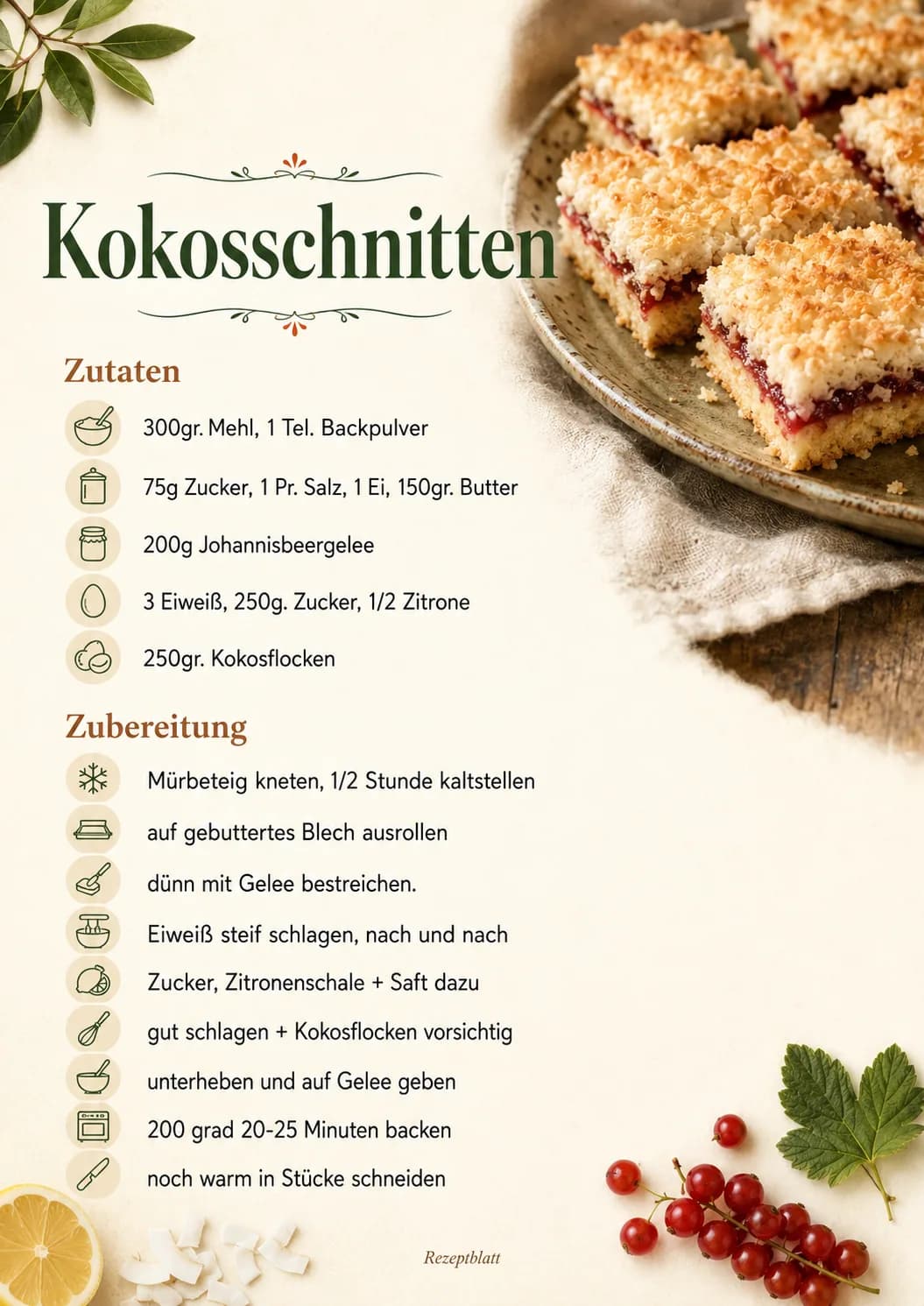 Kokosschnitten — fertiges Rezeptblatt