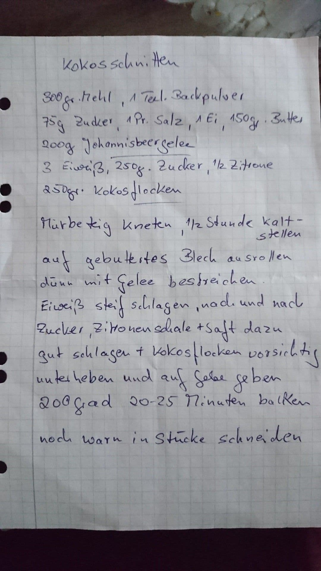 Kokosschnitten — handgeschriebenes Original