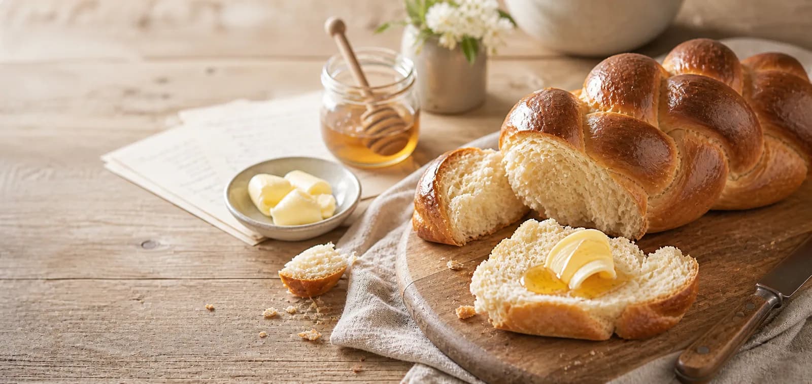 Frisch gebackener Zopf mit Honig und Butter auf Holztisch